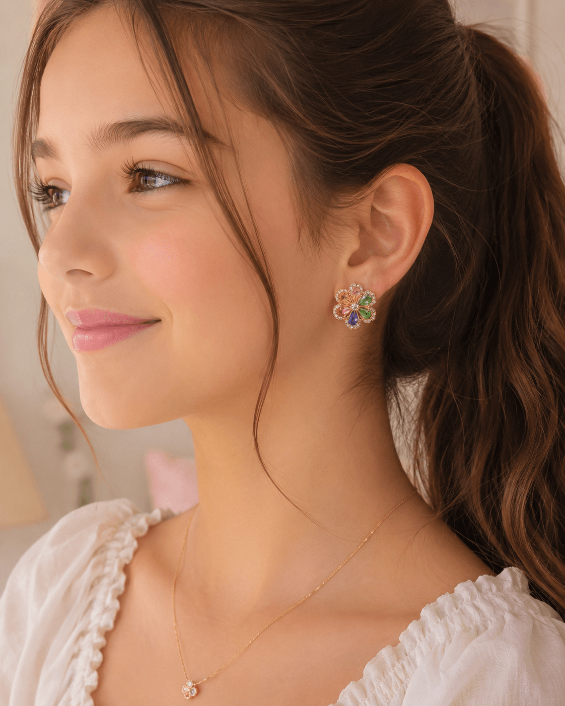 Boucles d’Oreilles Fleurs aux Zirconiums Multicolores – Image 2